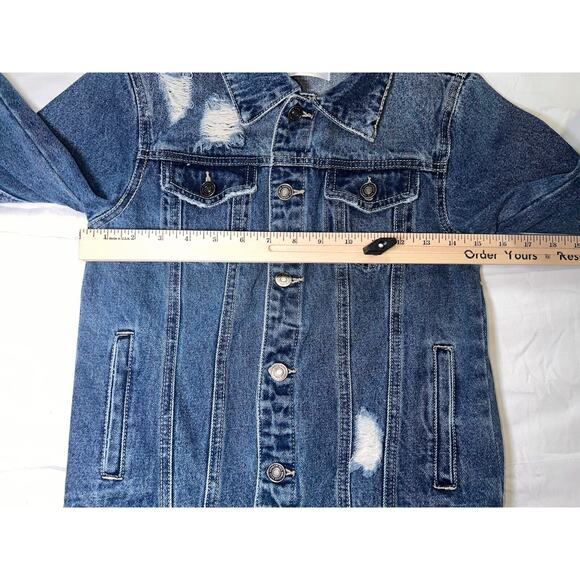 Hija De Tu Made Denim Jacket Women’s Size XS Blue Sequin Mexican Flag Distressed - Picture 10 of 16